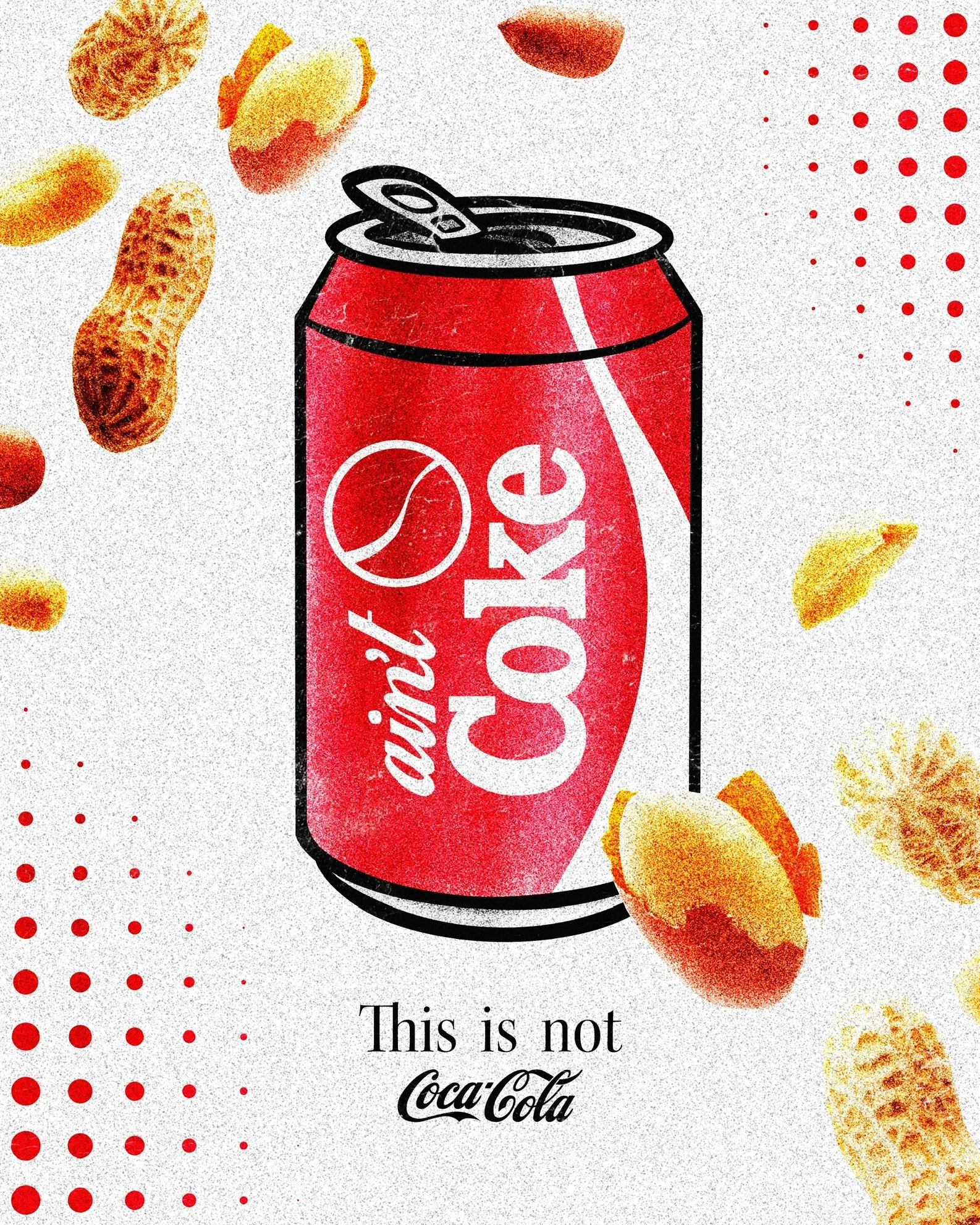 Surrealist parody art of a Coca-Cola-style can that says "ain't COke," featuring floating peanuts and a "This is not a pipe" style disclaimer.