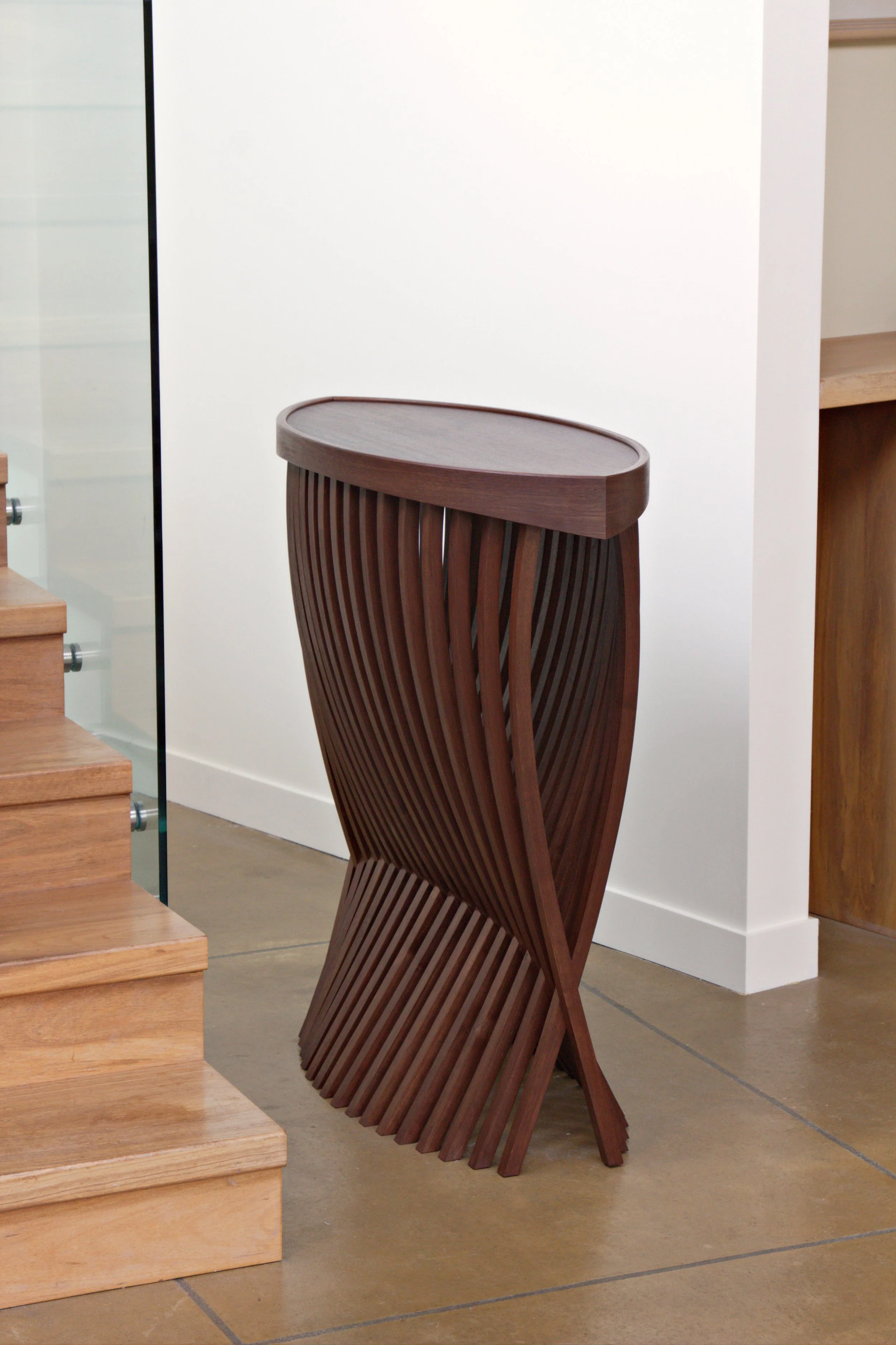 Moire console table bent walnut by stairs.jpg