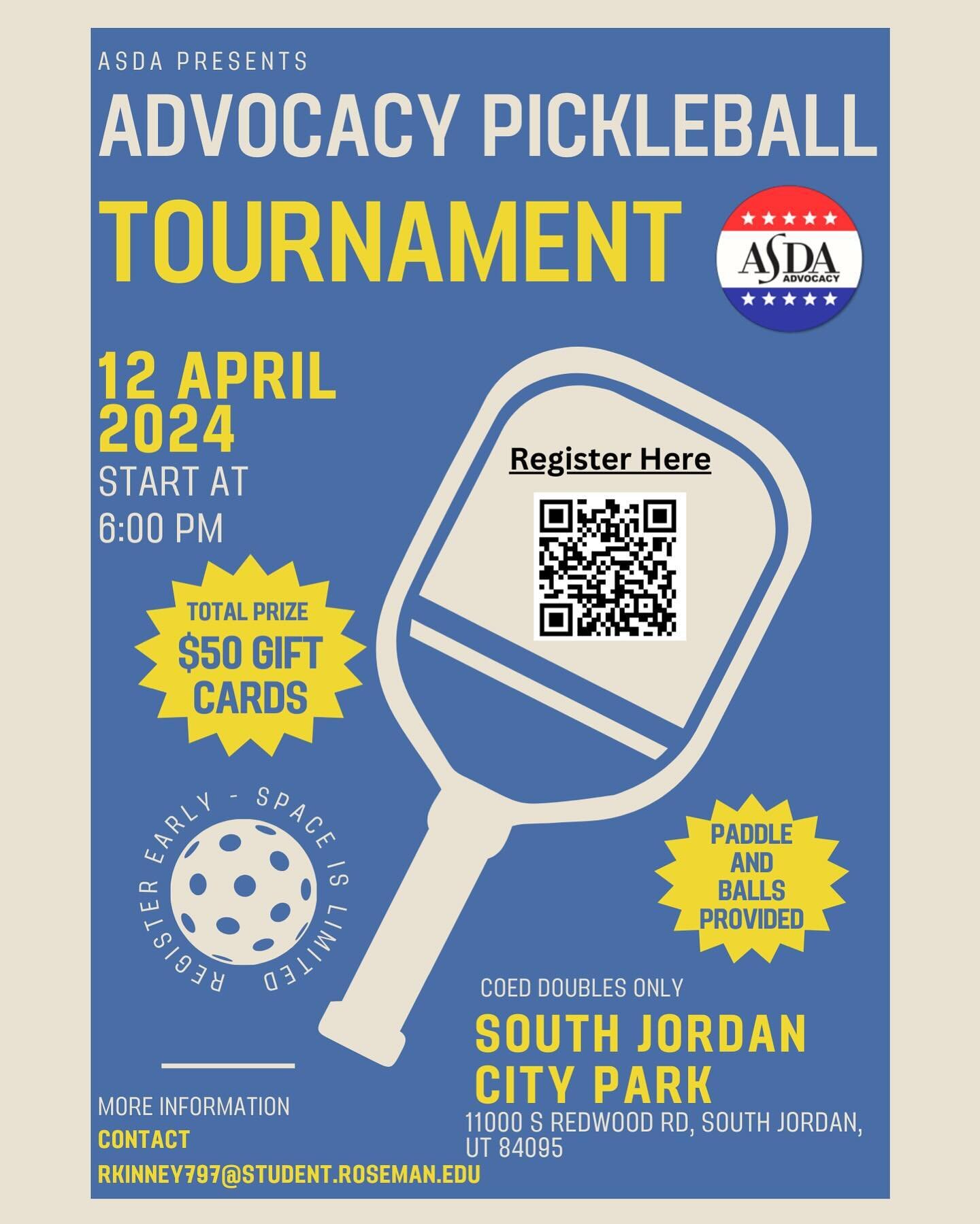 Looking for a challenge and an opportunity to win $50 gift cards? Come join the advocacy pickleball tournament! 🏓 

Register using the link in the bio! 

#dentalstudents #asda #dentists #futuredentists #roseman #utah #dentalschool #teeth #dentistry 