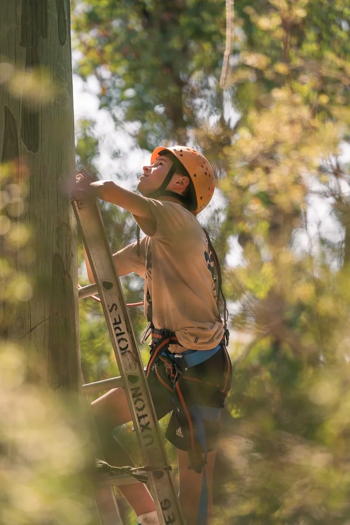 A young person in climbing gear and an orange helmet climbing a wooden utility pole surrounded by trees in a forest.