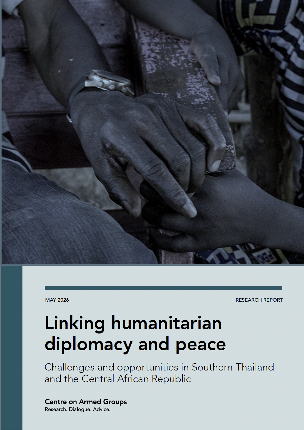 The front cover of a research report exploring coordinated action between humanitarians and peacebuilders in CAR and Thailand