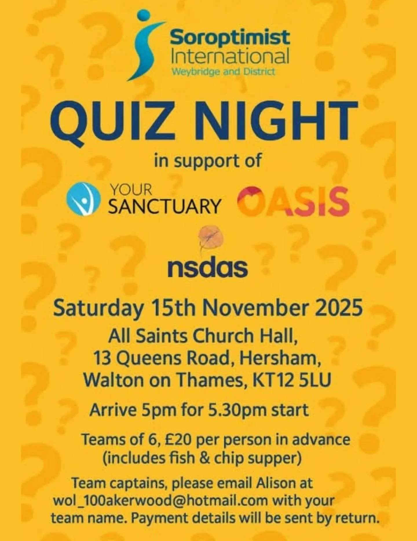 π§ β¨ Quiz Night is coming! β¨π§ 
Join us for a fun and friendly evening to test your knowledge and support three amazing local charities: @oasischarityuk, @yoursanctuaryuk and @northsurreydas
π
 Saturday 15 November 2025
π All Saints Church Hall, Her