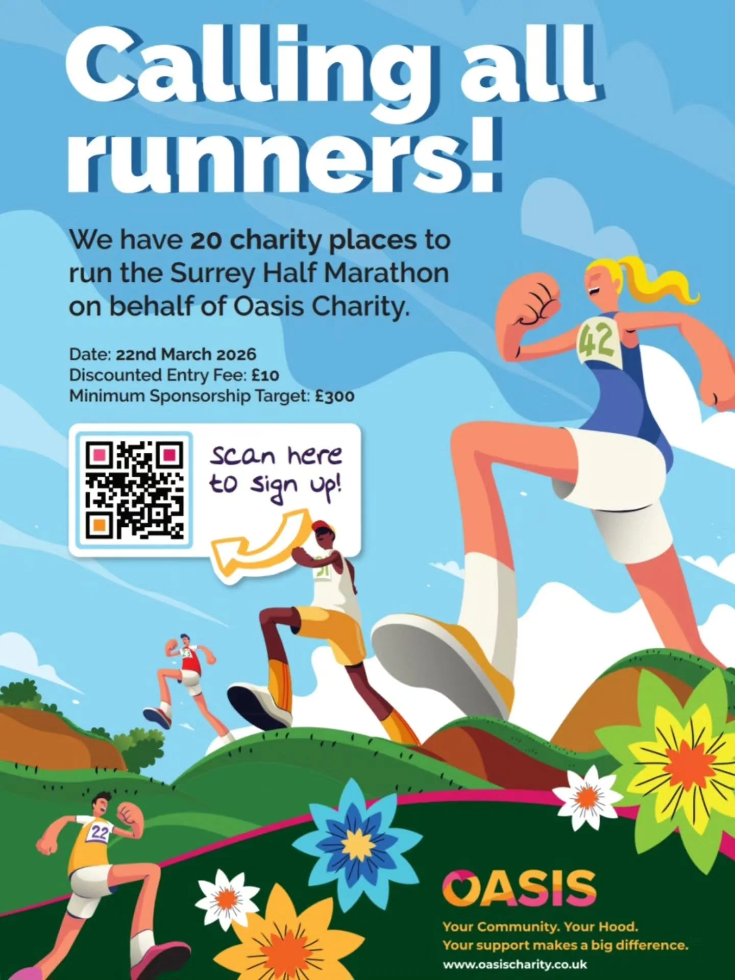 🏃&zwj;♀️🏃&zwj;♂️ Calling all runners and fundraisers!

We have 20 charity places available for the Surrey Half Marathon on 22nd March 2026.

✨ Entry fee: &pound;10
✨ Minimum fundraising target: &pound;300

By taking part, you&rsquo;ll be helping Oa