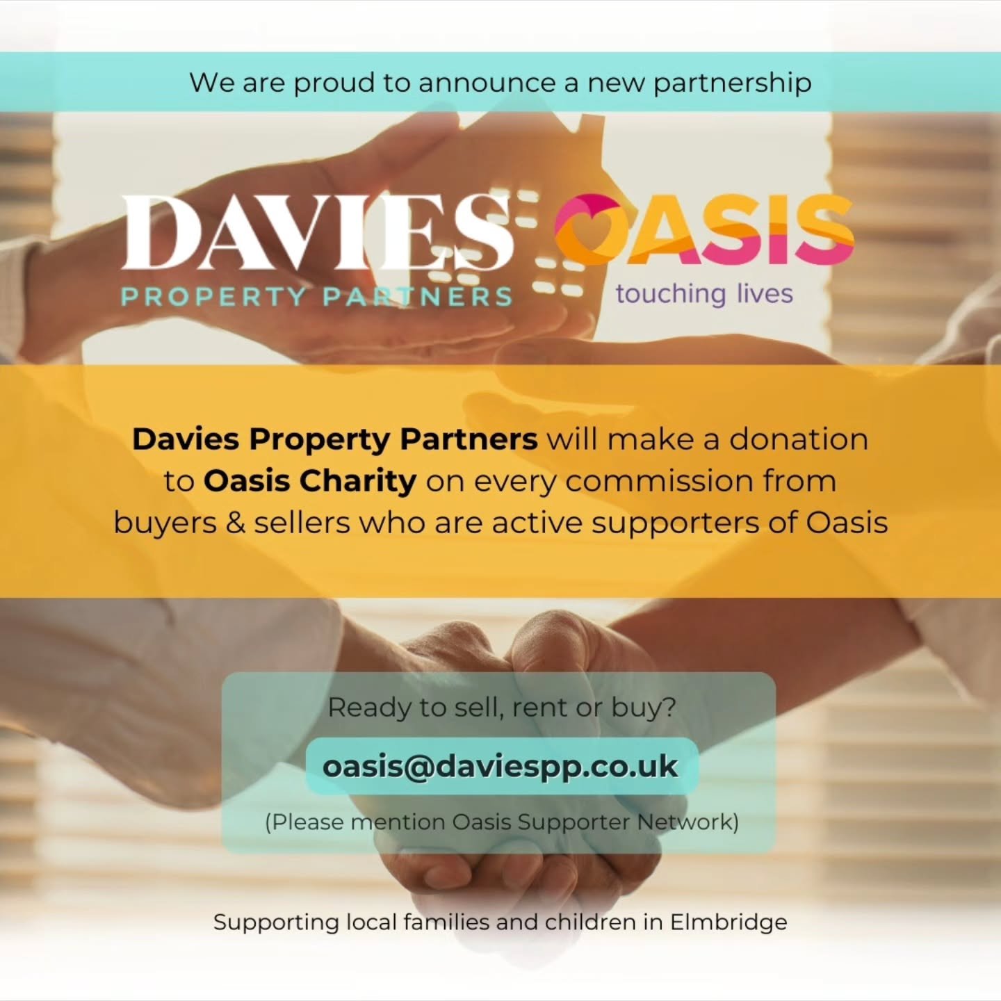 We&rsquo;re proud to announce a new partnership with Davies Property Partners 🤝

For every referral made through the Oasis Supporter Network, Davies Property Partners will donate a percentage of their commission to Oasis Charity.

So if you&rsquo;re
