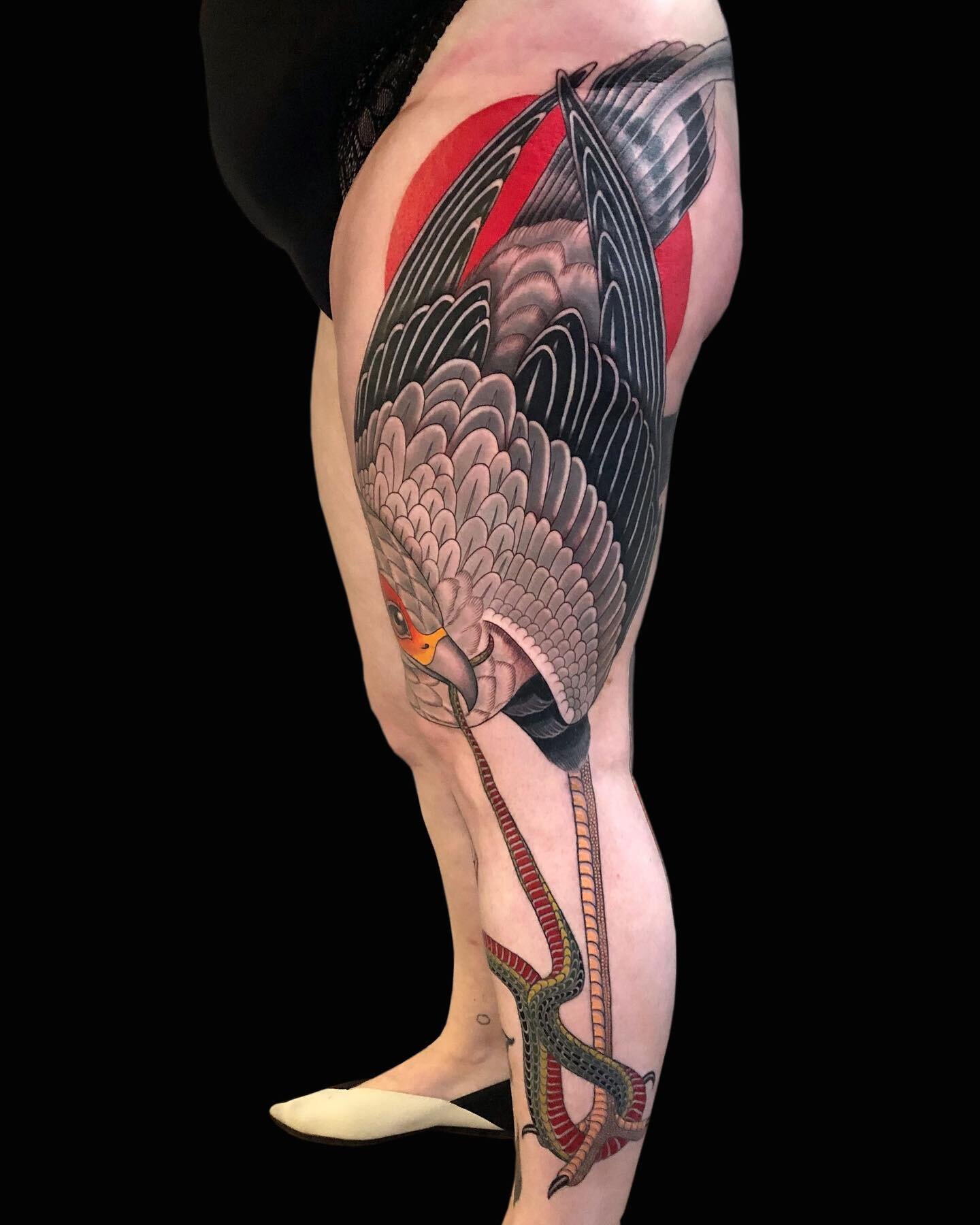 Sagittarius Serpentarius (Secretary Bird) hunting a snake down 🐍 

One of my favourite pieces from the past year. Love the big scale we went with. Thank you Charlie, I so enjoyed our sessions! 🔥

Very much looking forward to getting back to tattooi