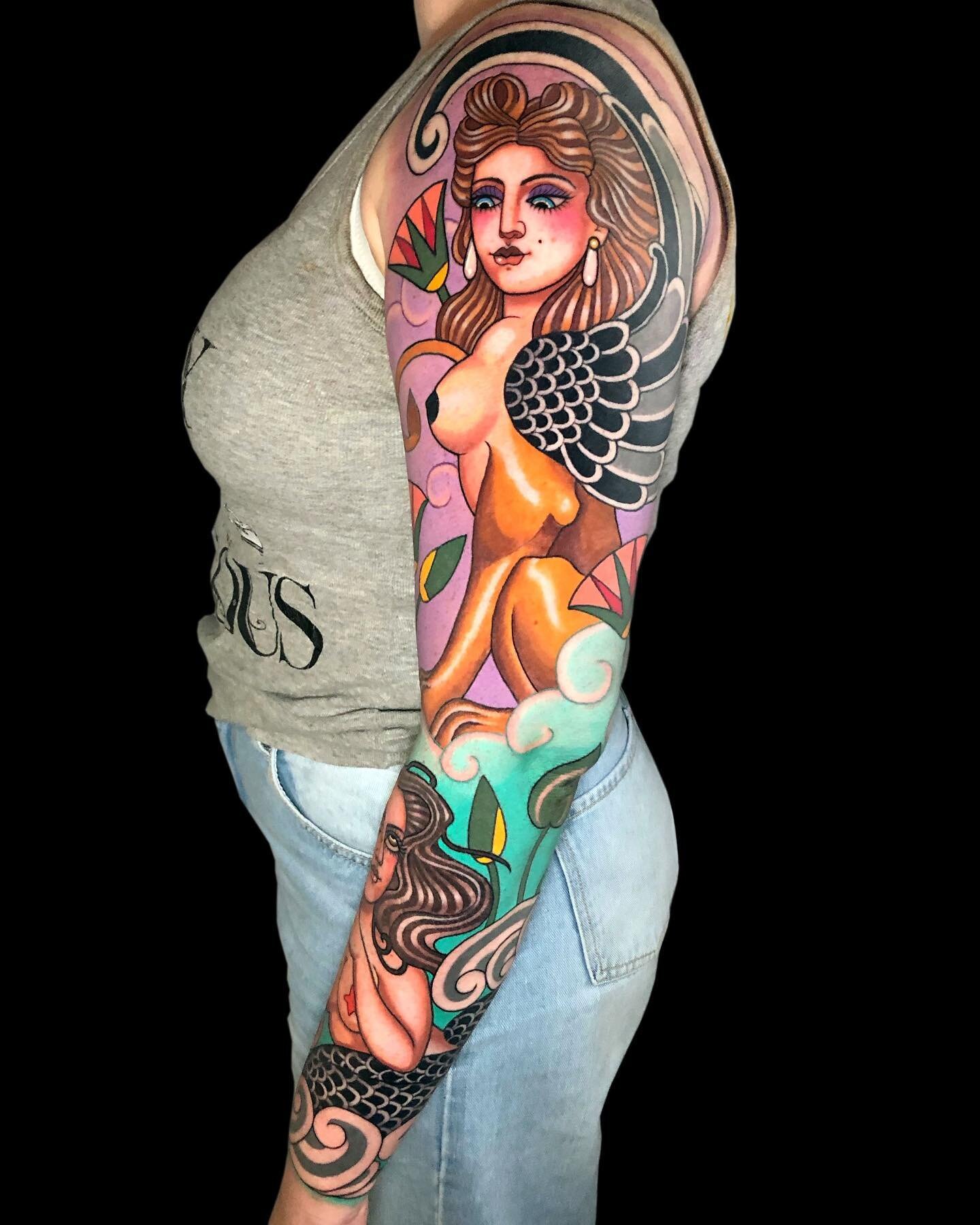 Mythology sleeve for Hannah! 🧜&zwj;♀️
Newly finished vs healed and settled for a few months in the last slide. 

I&rsquo;m taking bookings for May/June in both London and Brighton. For info and appointments please get in touch using the link in my b