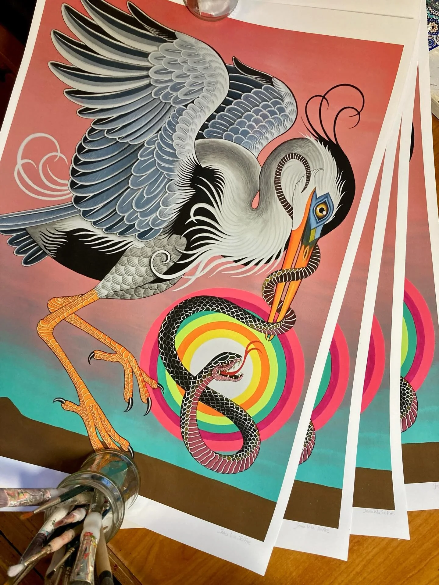 Merch prep for this weekend&rsquo;s @lemondialdutatouage! 🐍 🌈🦜❤️ 

I will have the last few signed posters of &lsquo;The Serpent and the Heron&rsquo; and also by popular demand I am bringing back the &lsquo;Two birds in a branch&rsquo; totes for a