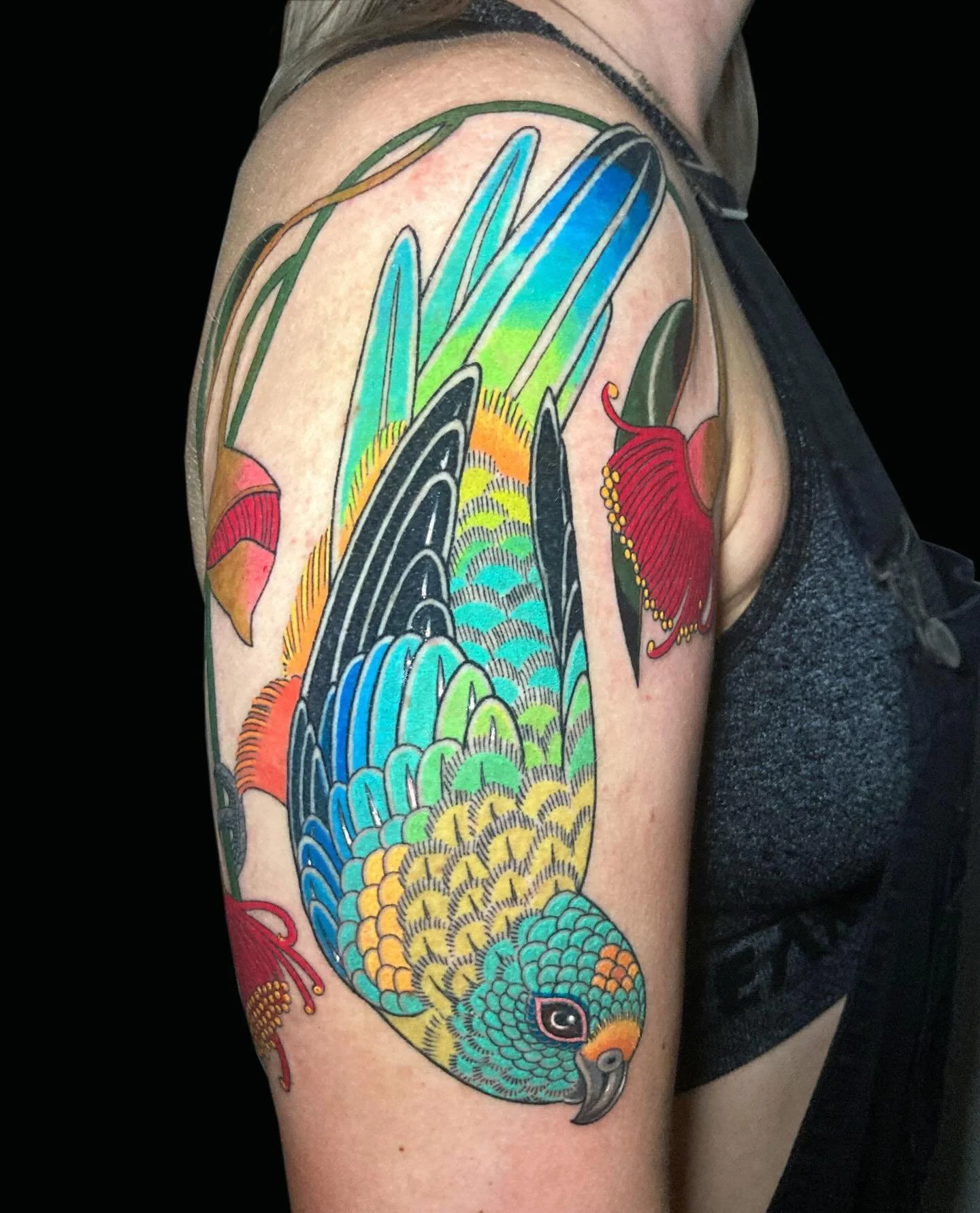 Mulga parrot for avid bird watcher Sophia 🦜 🦜🦜 Been lovely getting to know you Sophia! May the bird collection continue 🙌🏻 
Finished yesterday @thankstattoosydney and the last one from this couple of months long guest spot. Thank you guys for ha