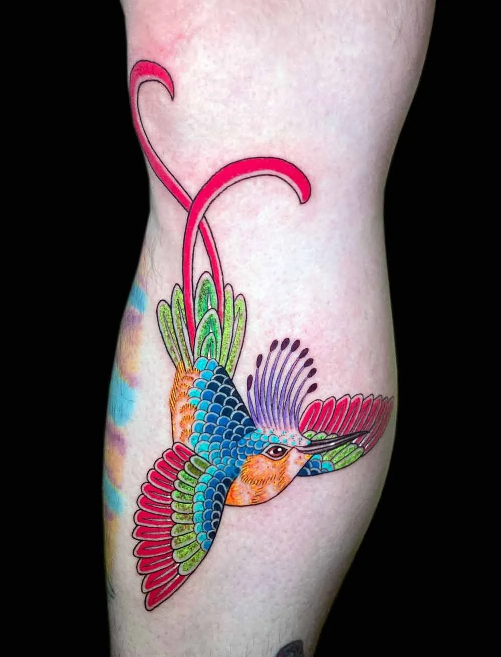 Bright bold delicate neotraditional realistic colourful tattoo of a humming bird on a man's calf