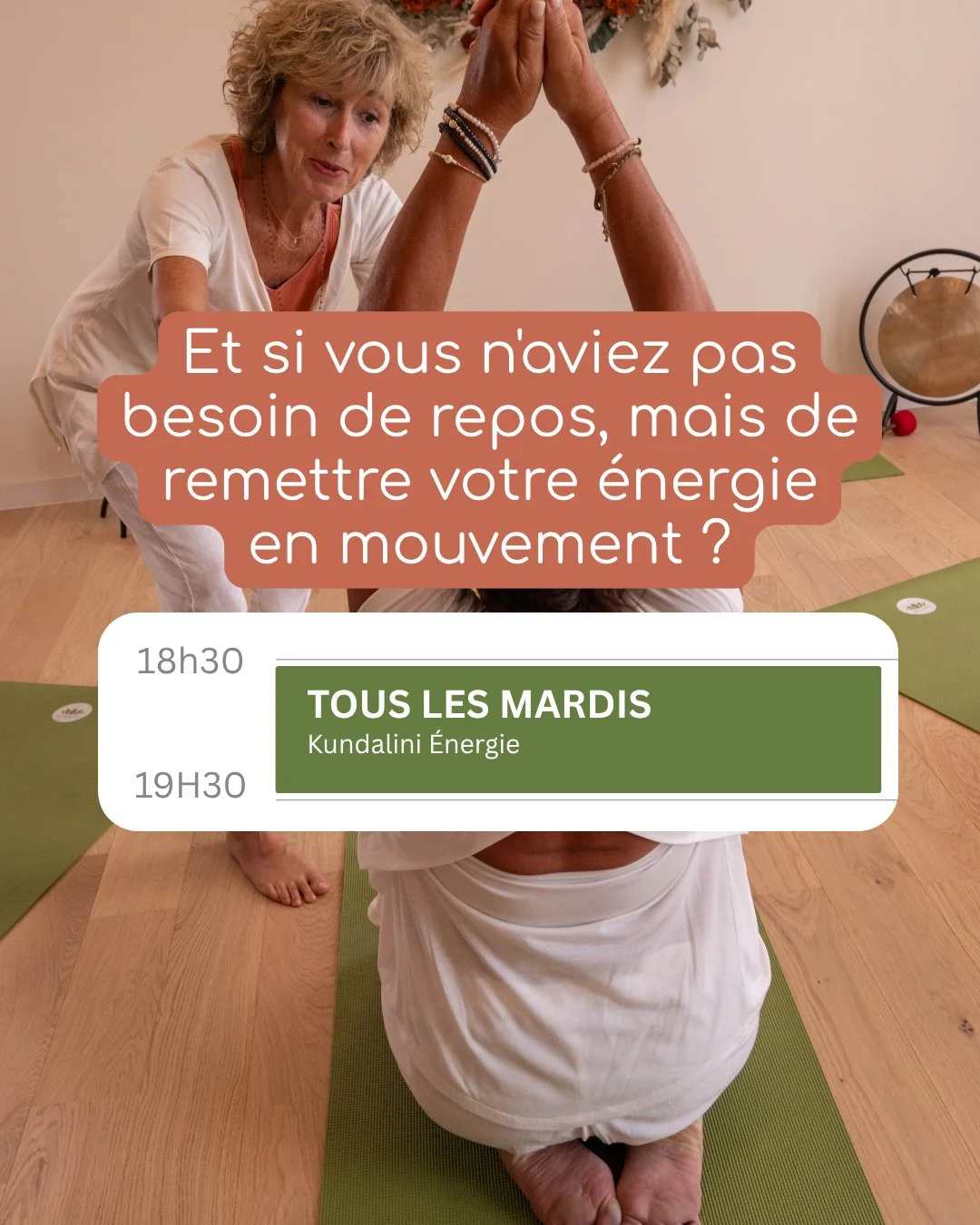 KUNDALINI &Eacute;NERGIE

Et si vous n&rsquo;aviez pas besoin de repos, mais de remettre votre &eacute;nergie en mouvement ?
Il y a les jours o&ugrave; l&rsquo;on a besoin de ralentir. Et puis il y a ceux o&ugrave; l&rsquo;on se sent plut&ocirc;t &ag