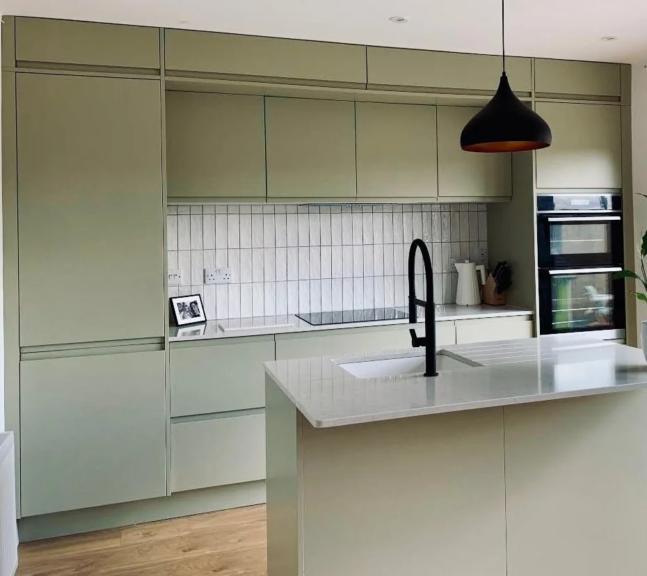 The Straffan Collection shown in Sage with Silestone Snowy Ibiza worktops