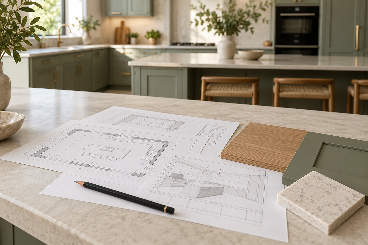 Kitchen layout plans with oak, sage and stone samples on a kitchen island