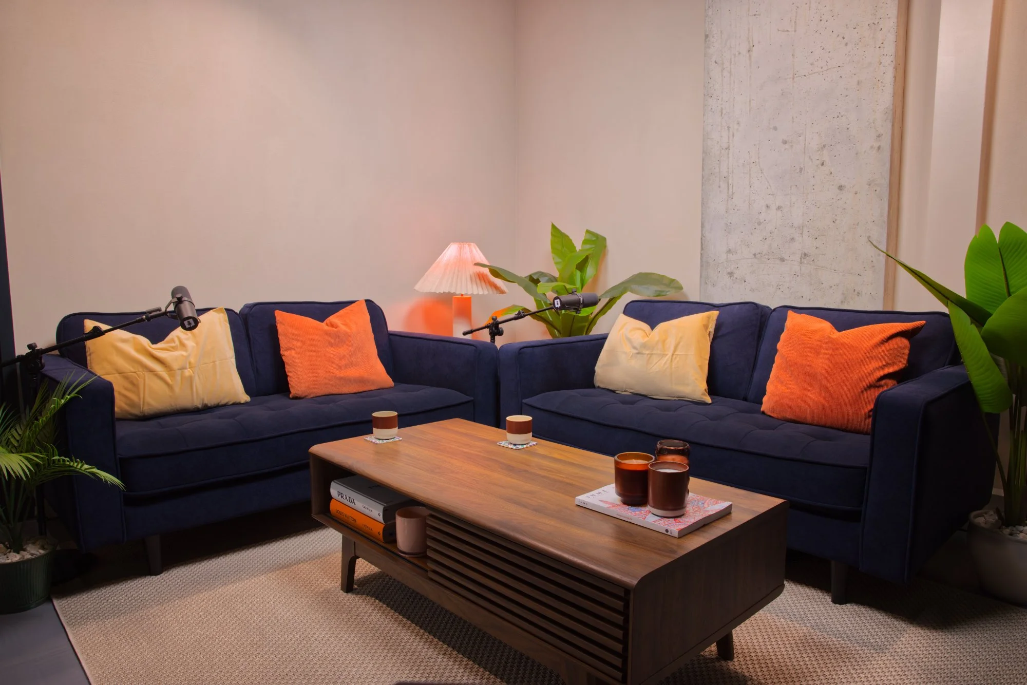 Sofa podcast set at Podcast Studio Hire in London, with navy sofas, coffee table, lighting and plants.