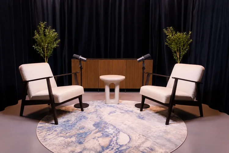 Armchair podcast recording set at Podcast Studio Hire London