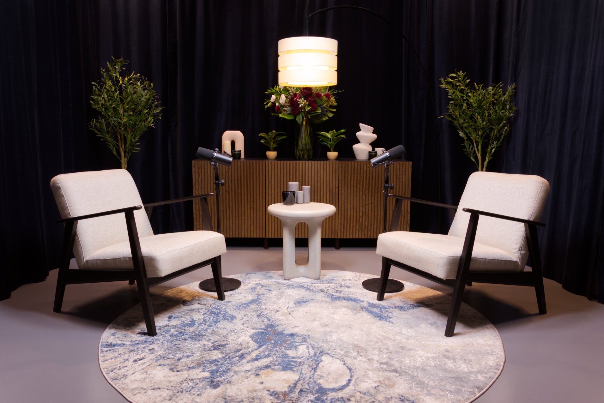 Podcast Studio Hire London armchair recording set with microphones