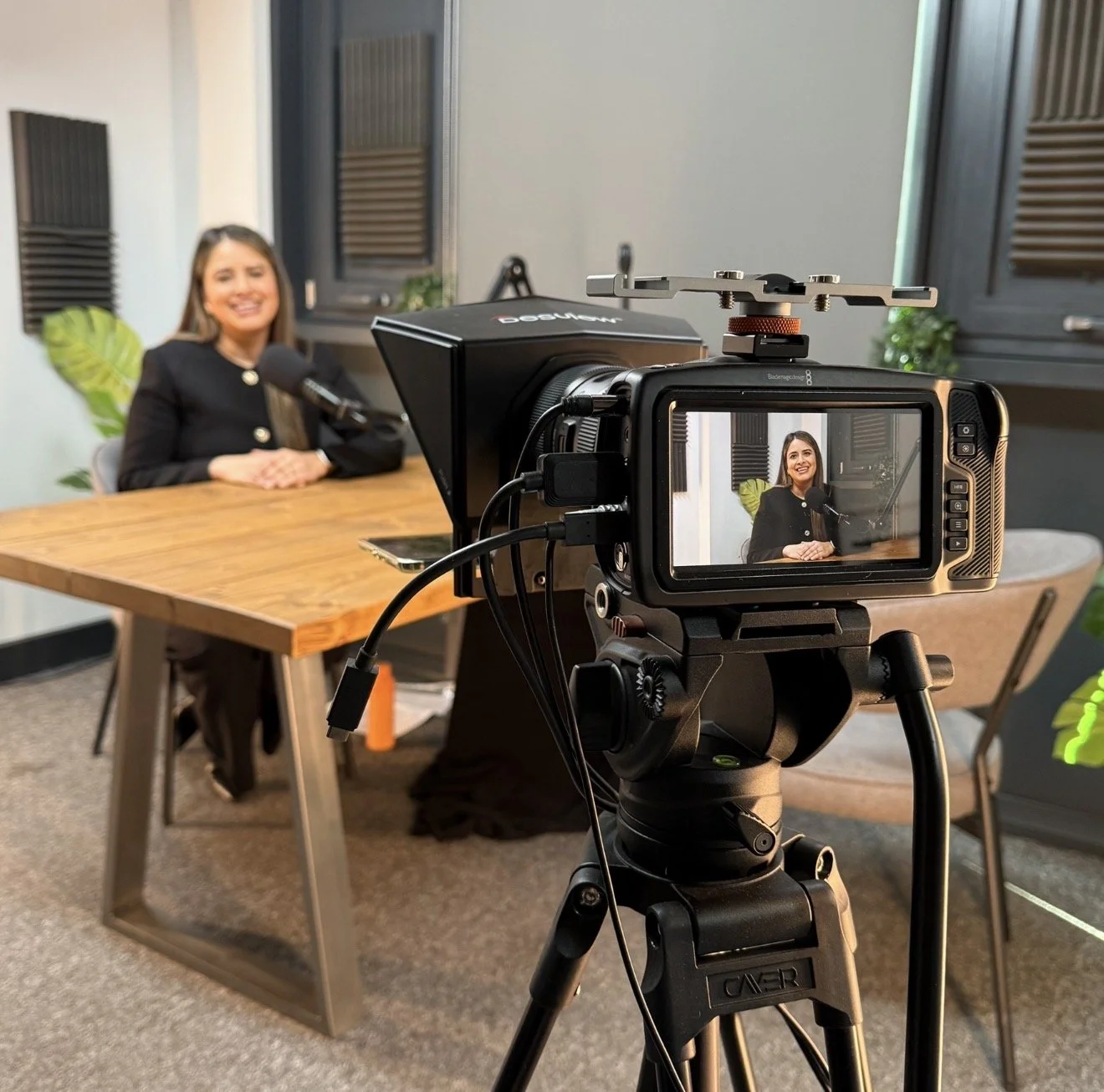 Professional camera recording a podcast guest in our London studio.