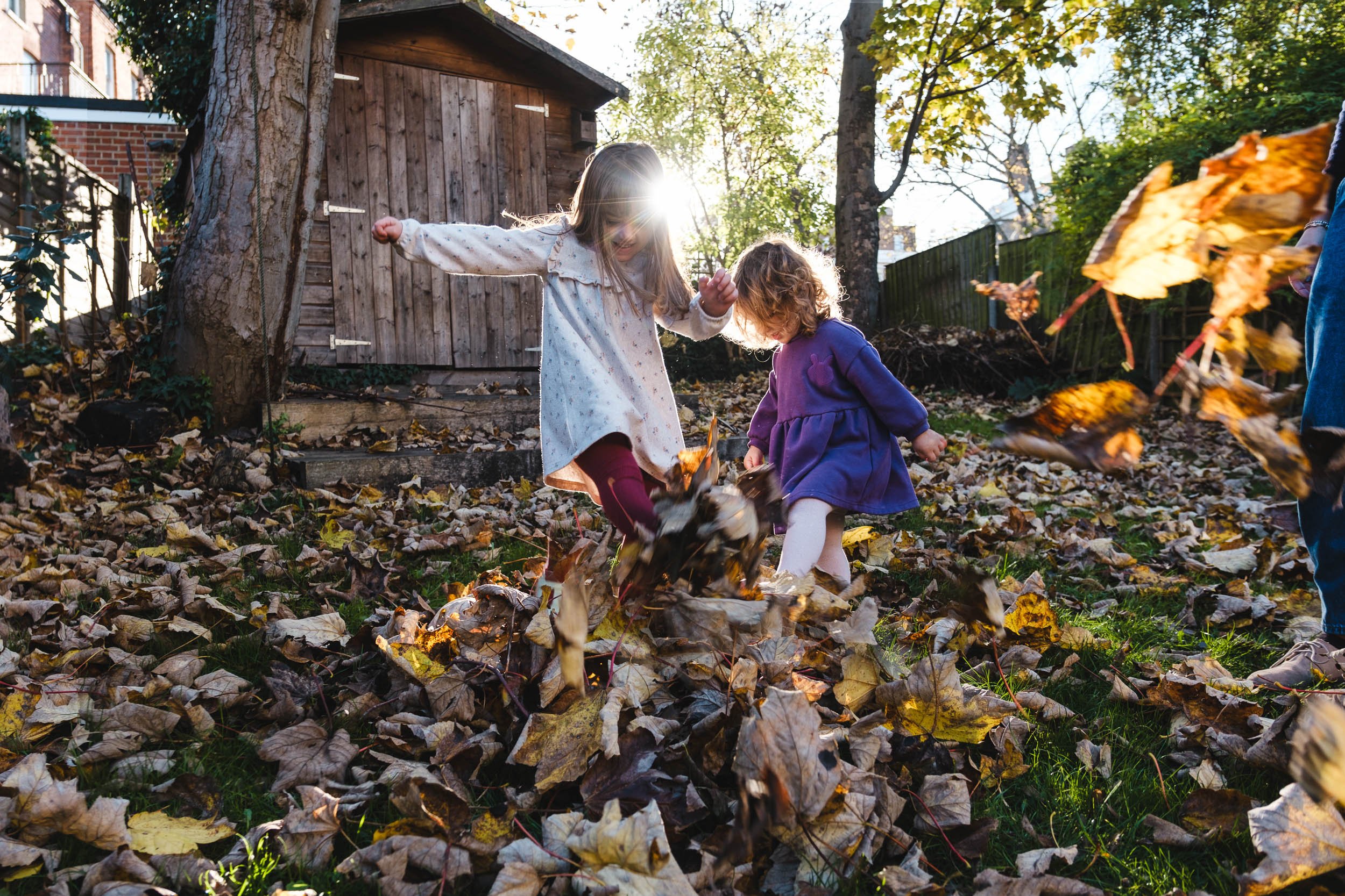 Sisters playing in the leaves