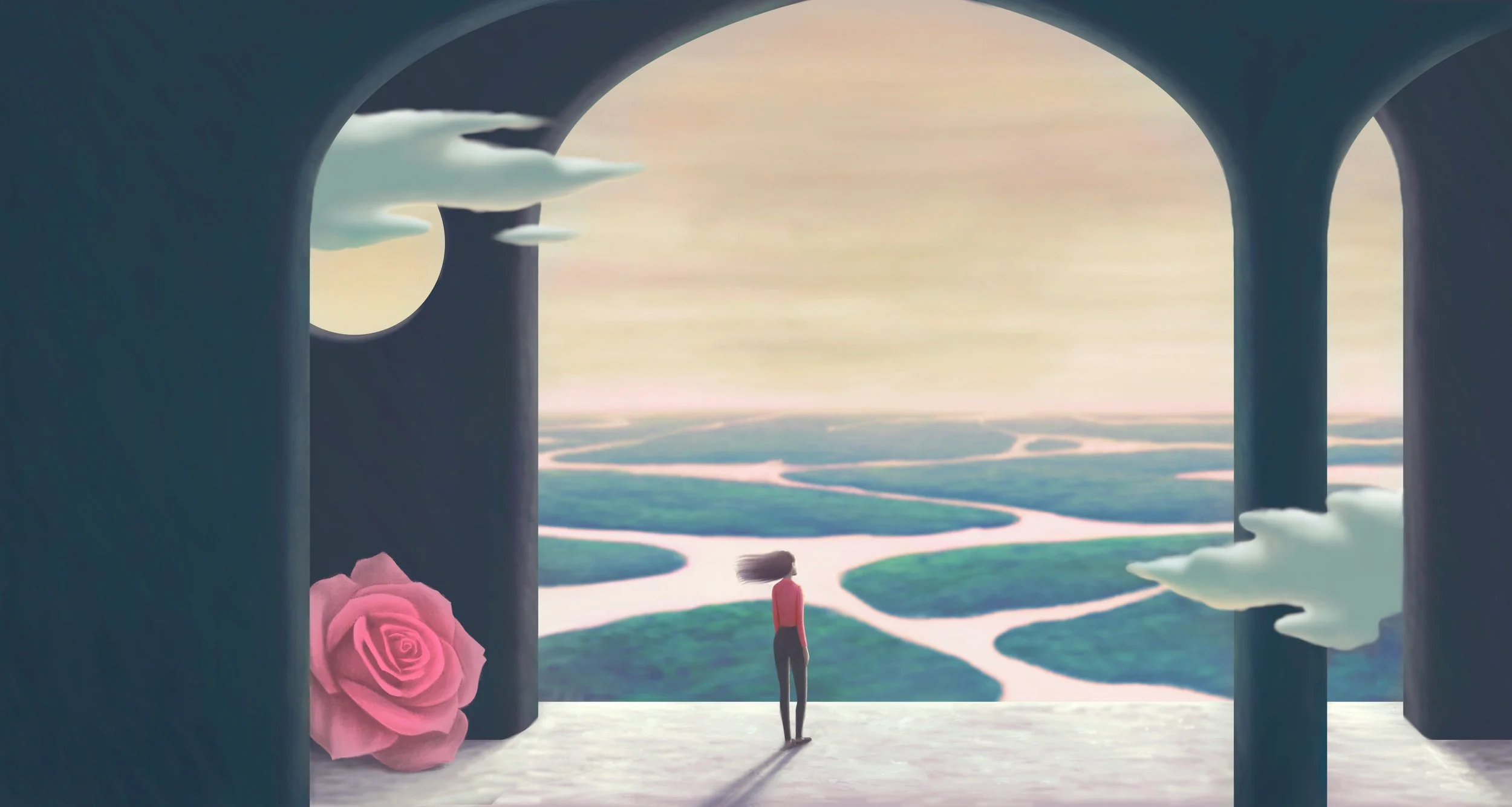 figure in an arched grey structure looking out into a distant green landscape