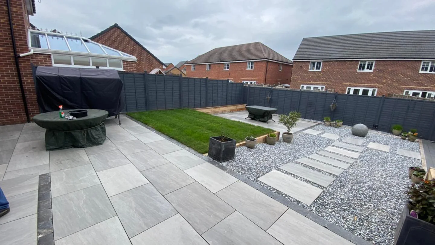 Patio fire pit heating and garden seating area