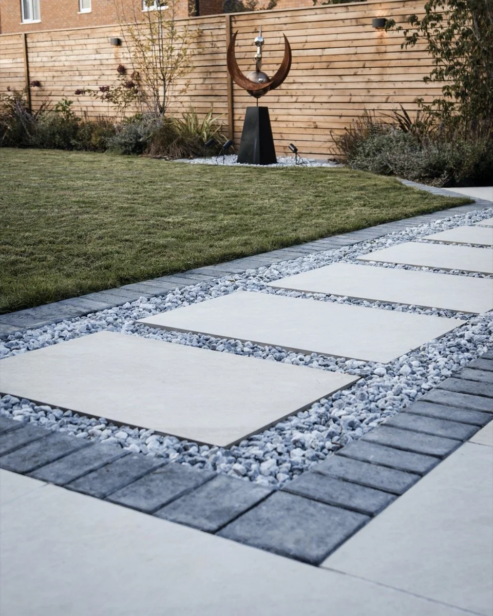 Premium garden landscaping with contemporary paving, elegant outdoor features and high-quality finishes.