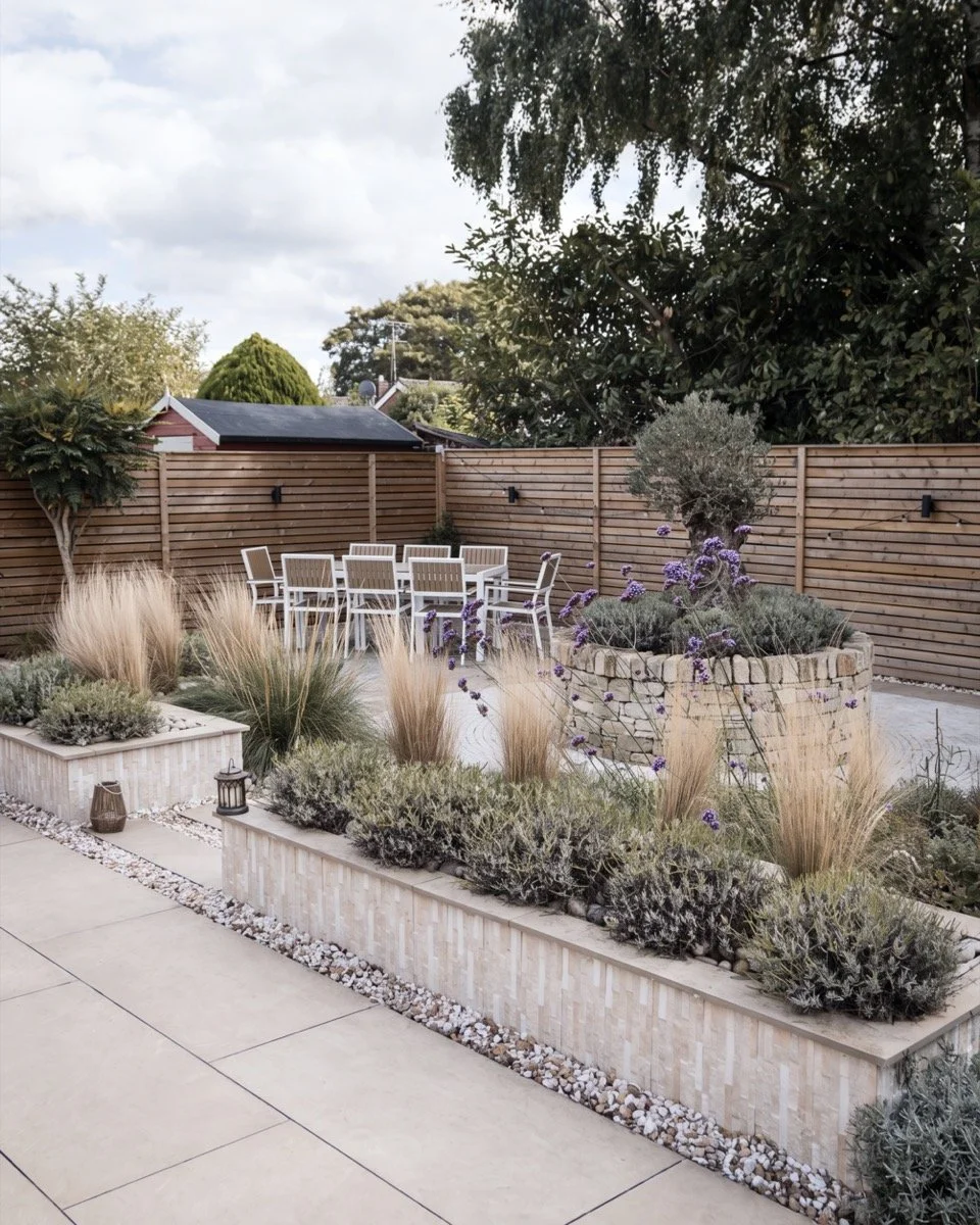 View of a contemporary garden transformation in Elford with zoned seating, planting and sweeping curved design.