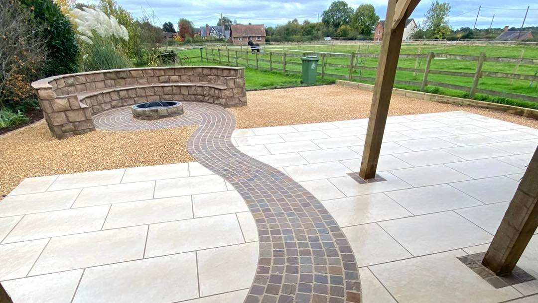 winding garden path to seating area