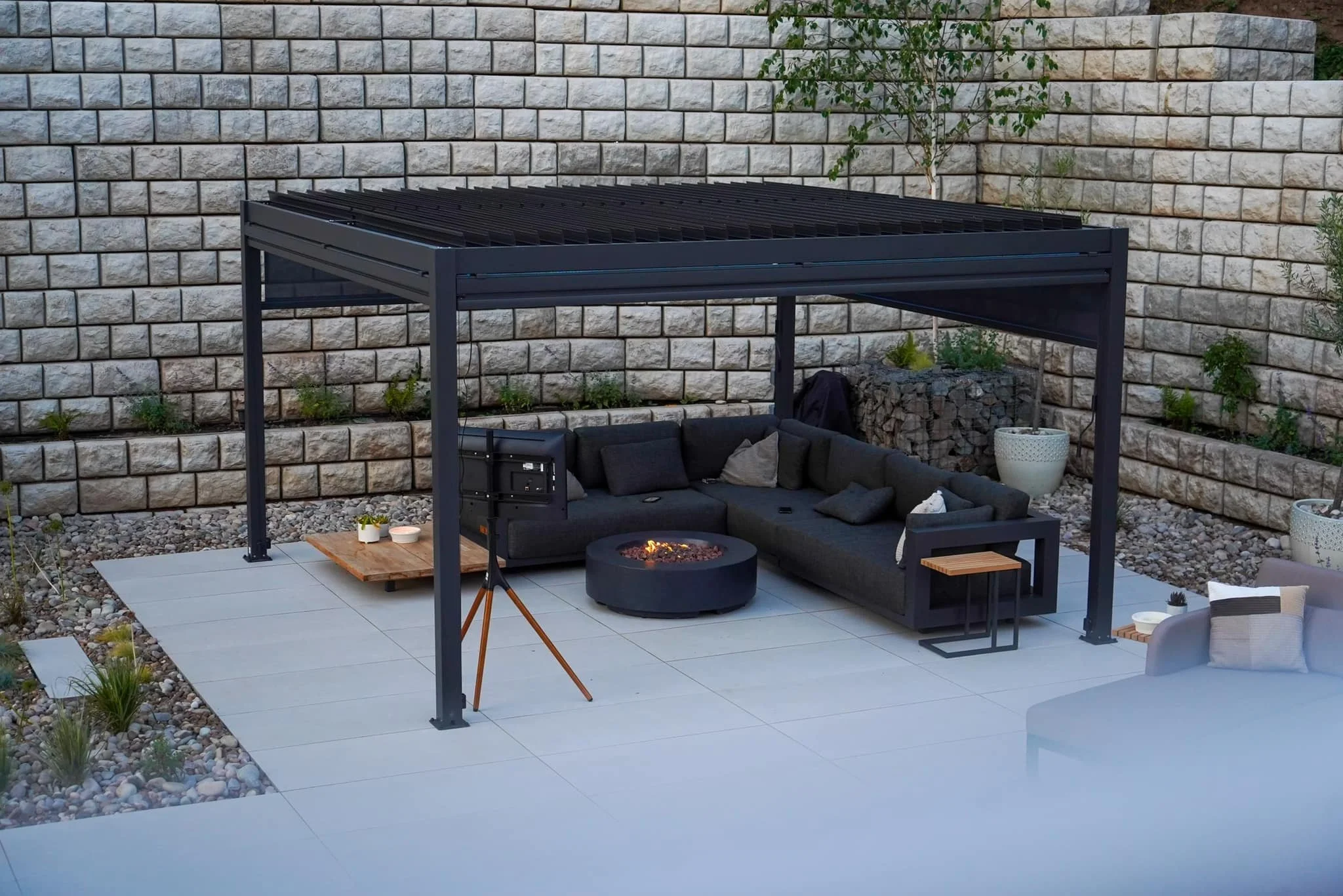 Garden shelter and custom fire pit installation