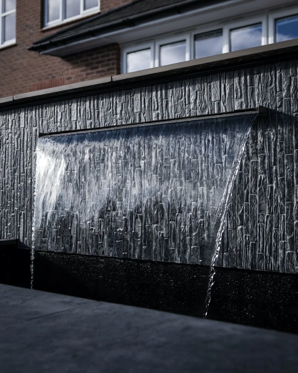 Modern garden patio featuring a bespoke water wall, dark stone-effect finishes and architectural detailing.
