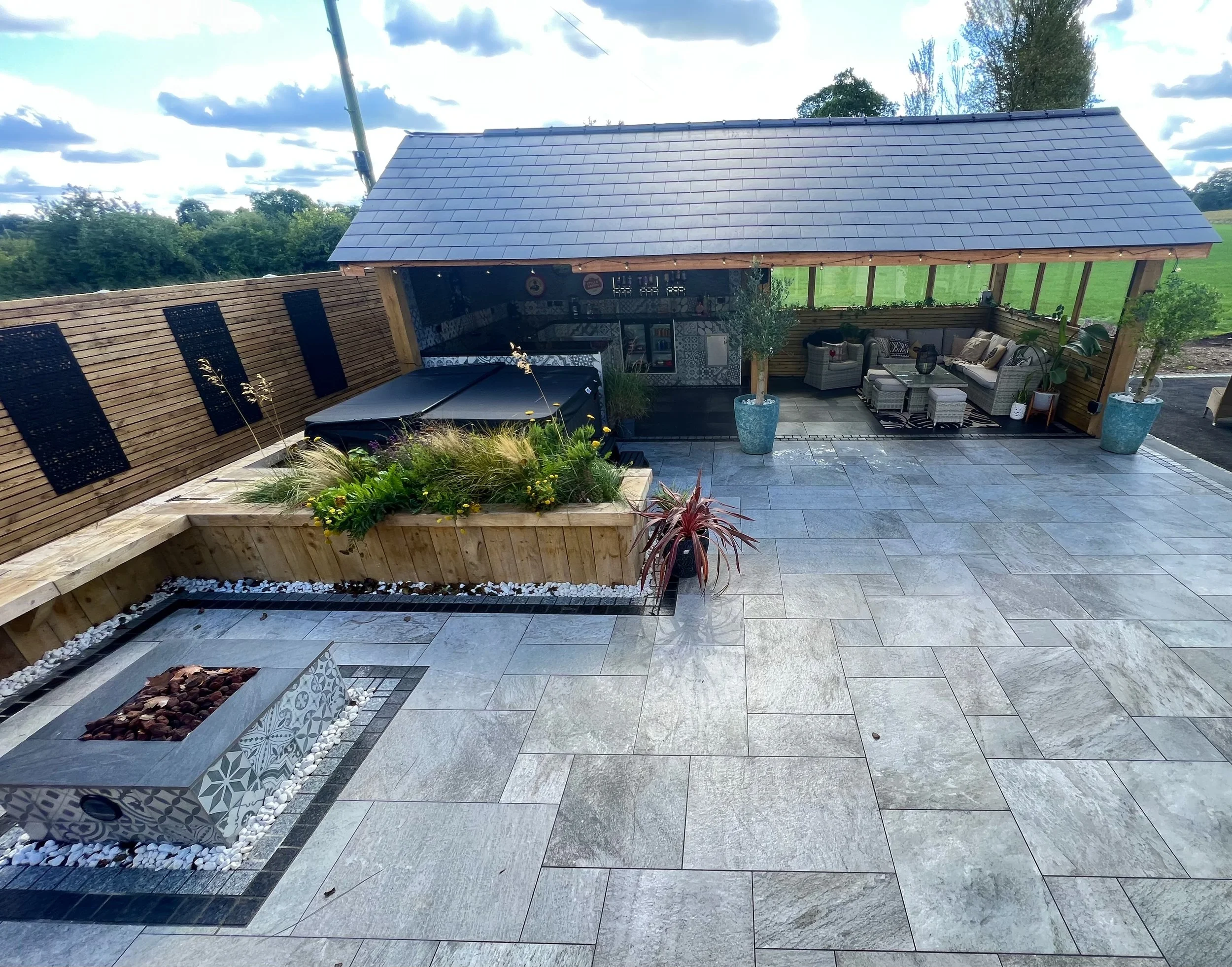 fence panels in Staffordshire with patio and fire pit eater