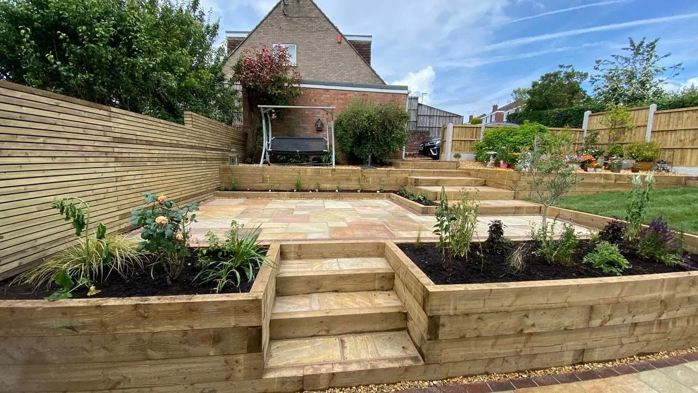 Raised garden planting beds and patio area in Newport