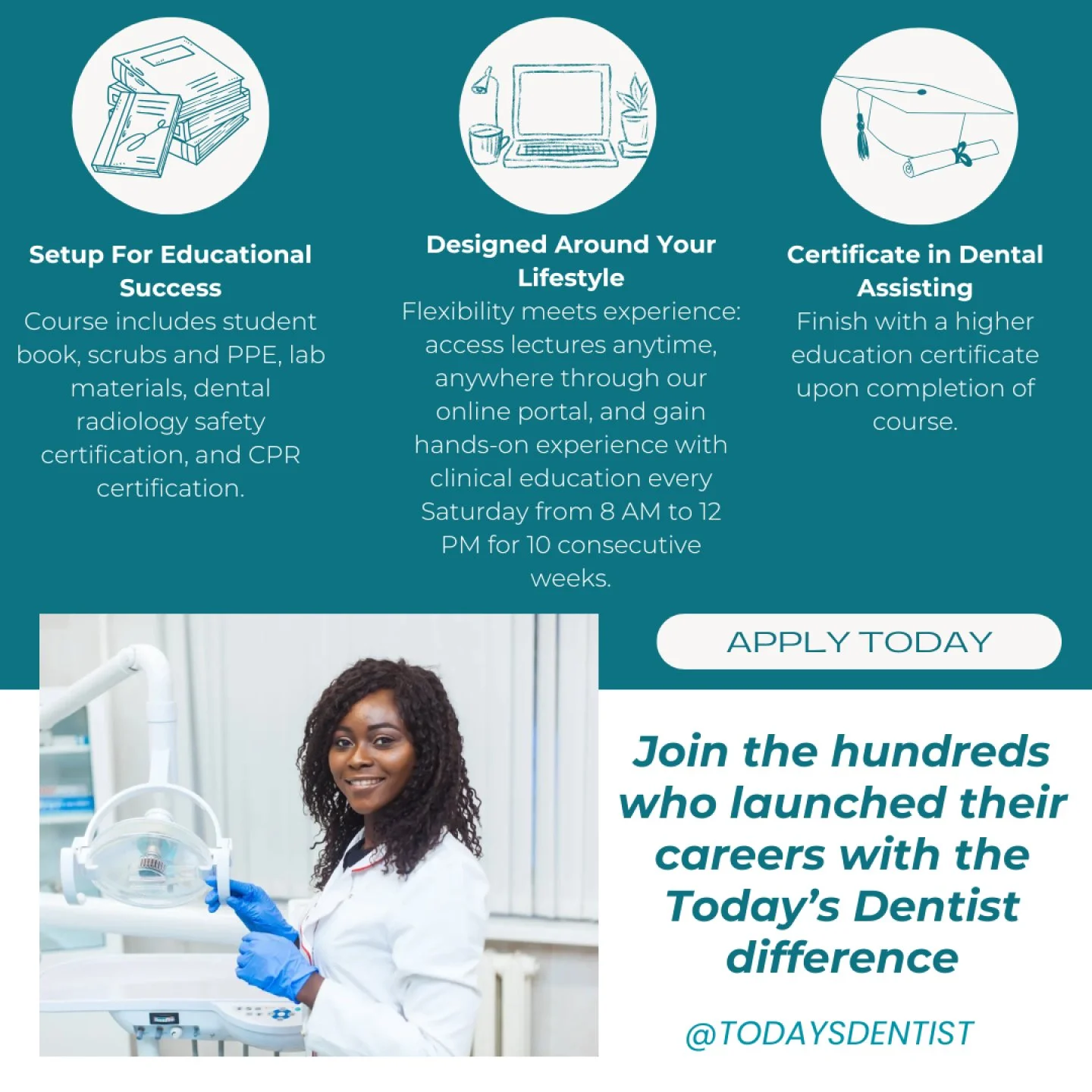 NOW ENROLLING!
 Our winter session has a few spots remaining. Classes begin January 10th.

Start the new year with purpose and intention. You'll be on track to earn your Dental Assisting Certificate by March. Our program prepares you for a growing an