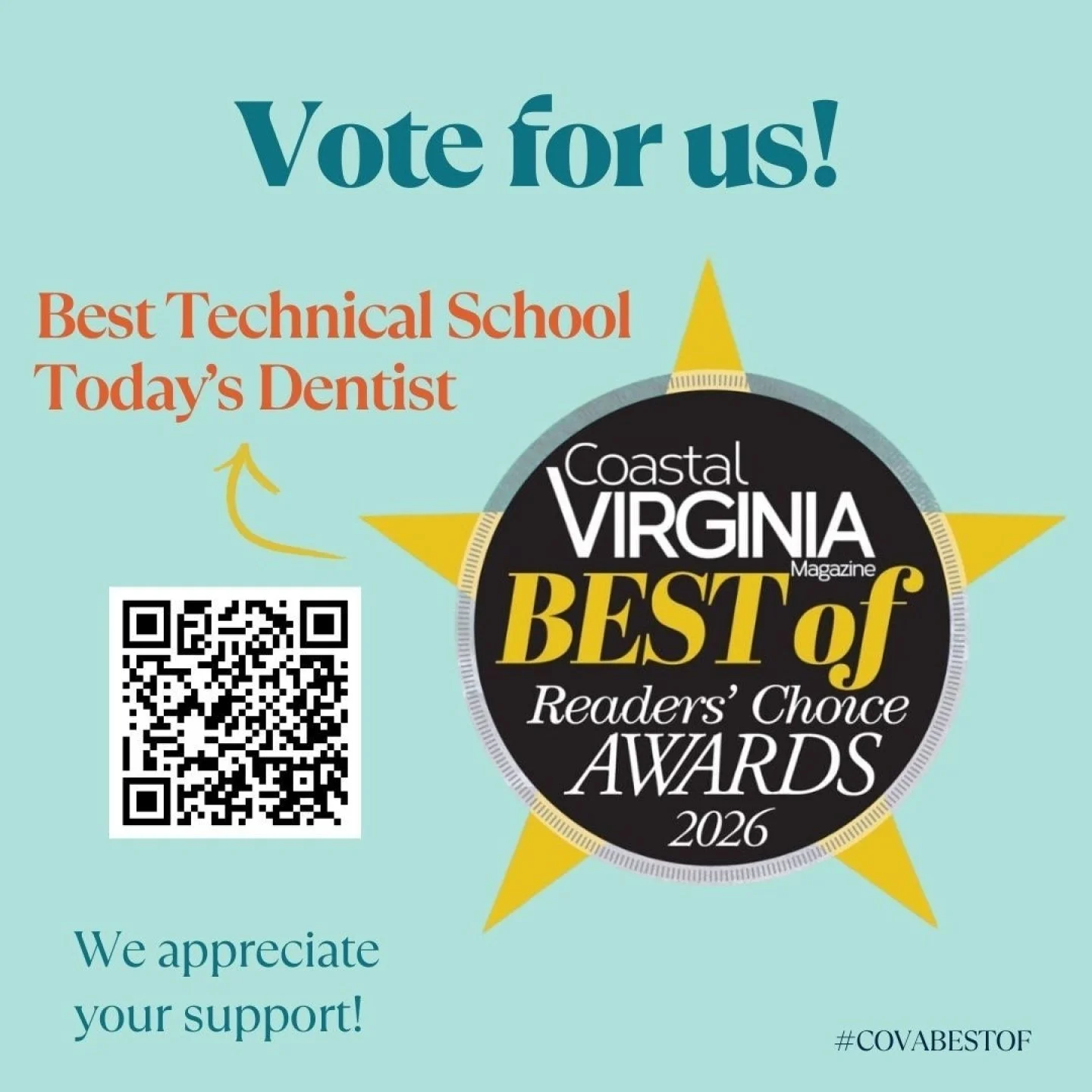 💙🦷 We&rsquo;re so honored to be nominated for Best Technical School in the 2026 Coastal Virginia Magazine Best Of Readers&rsquo; Choice Awards!
If you love what we do and believe in helping students build a future in dentistry, we&rsquo;d be so gra