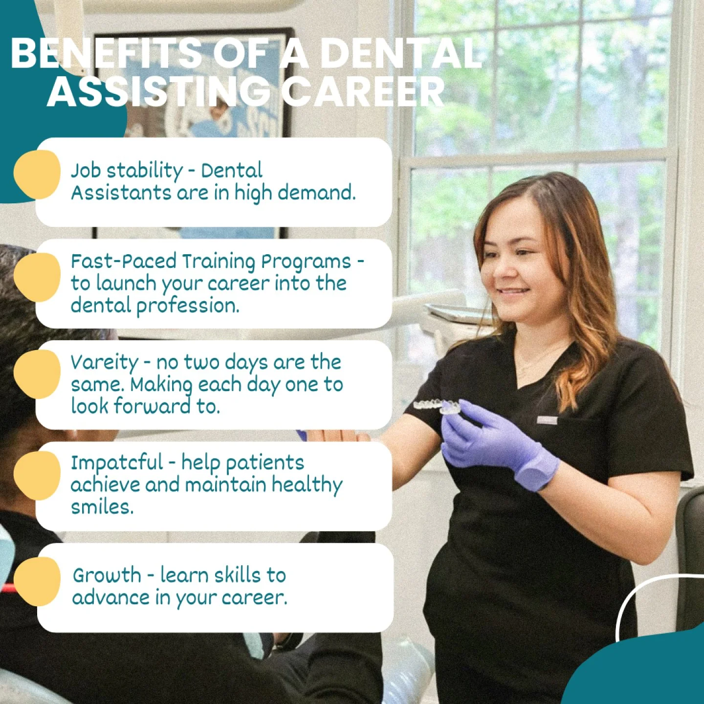 Become a Dental Assistant 🦷

Because no two days are the same .
Because you'll grow and learn
Because its hands-on 
Because everyday, you'll get to help people feel confident. 

Start your new career in just 10 Saturdays.
Hands-on training. Real ski