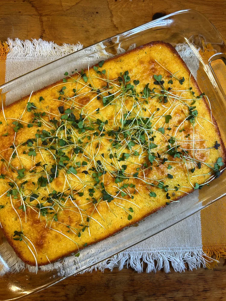 Whole-kernel cornbread with microgreens