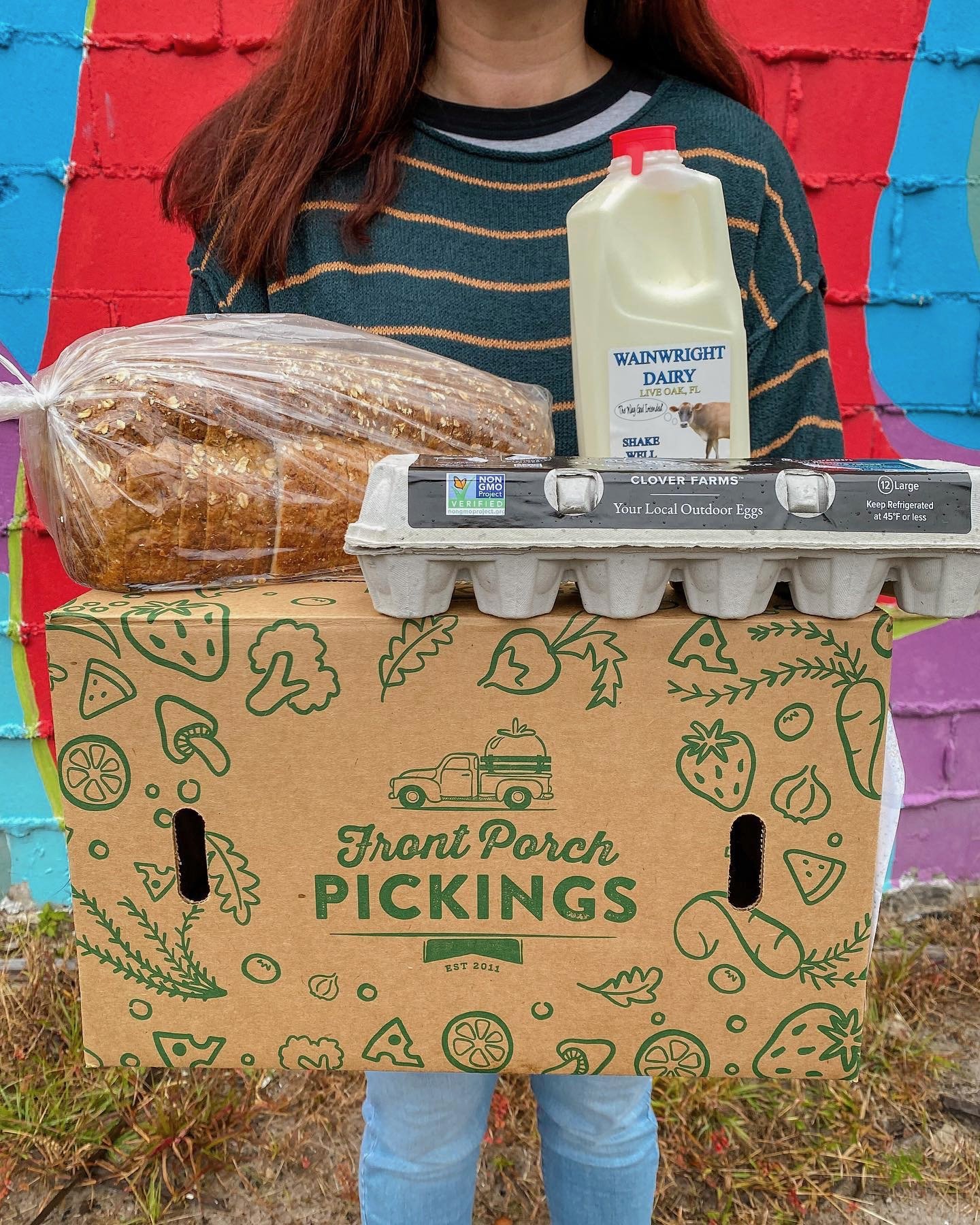 Front Porch Pickings delivery box with our logo and illustration on it we made for them. We made illustrations of all the produce they sell.