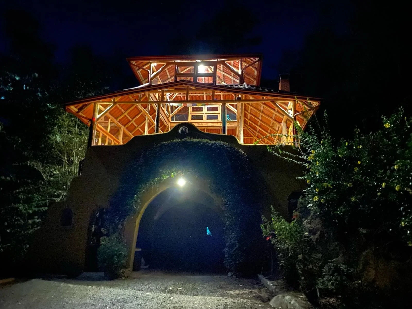 A rustic building with a wooden top structure, archway entrance, and surrounding greenery, illuminated at night.