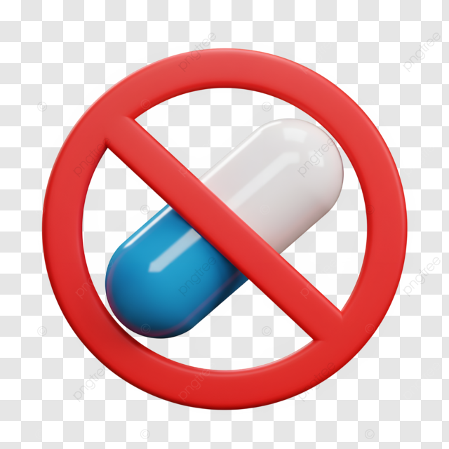 A capsule pill with one half blue and the other half white, overlaid with a red prohibition sign.