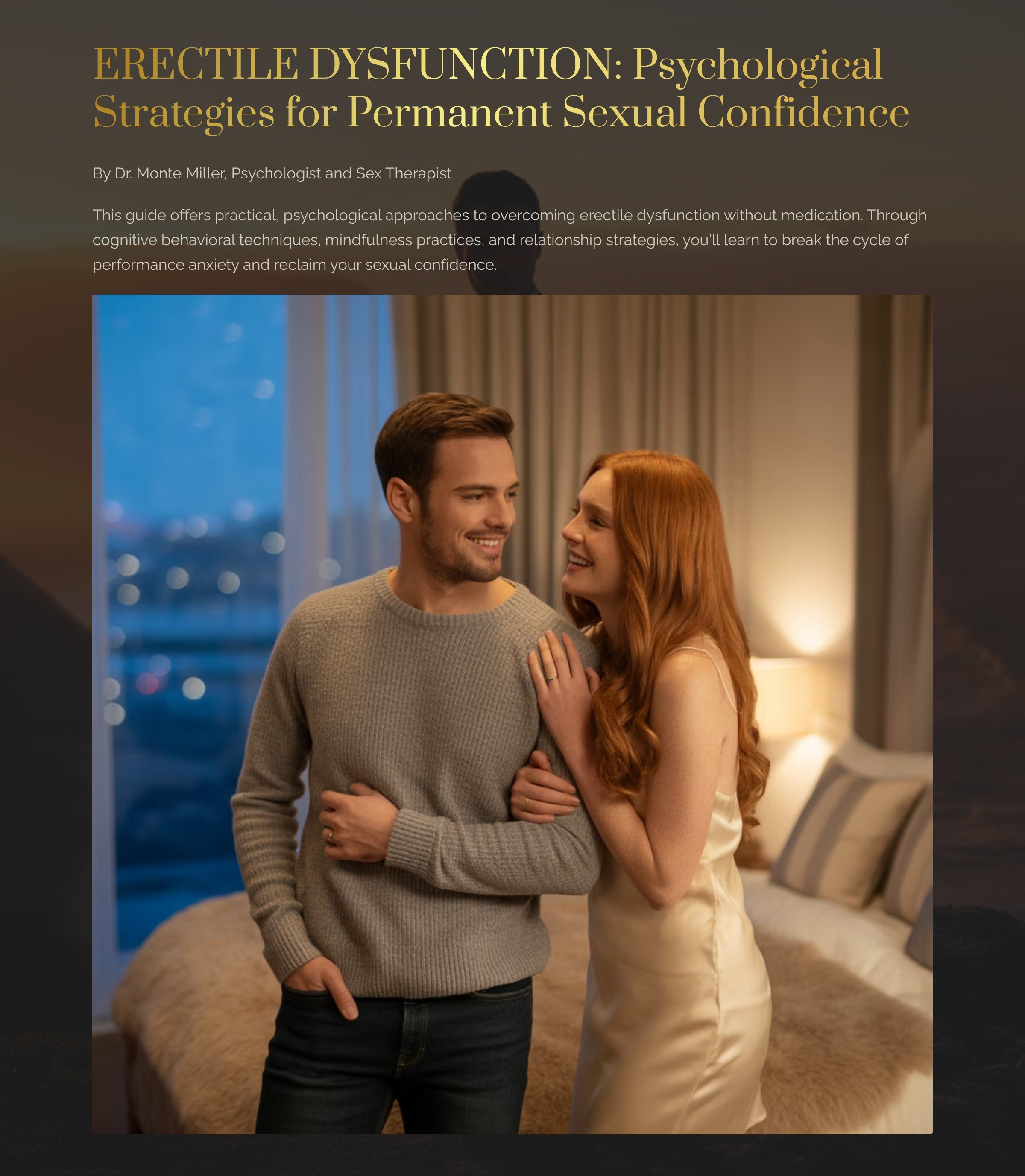 A smiling couple, a man in a beige sweater and a woman in a cream satin dress, standing close together in a warmly lit bedroom with a large window and a cityscape view at night.