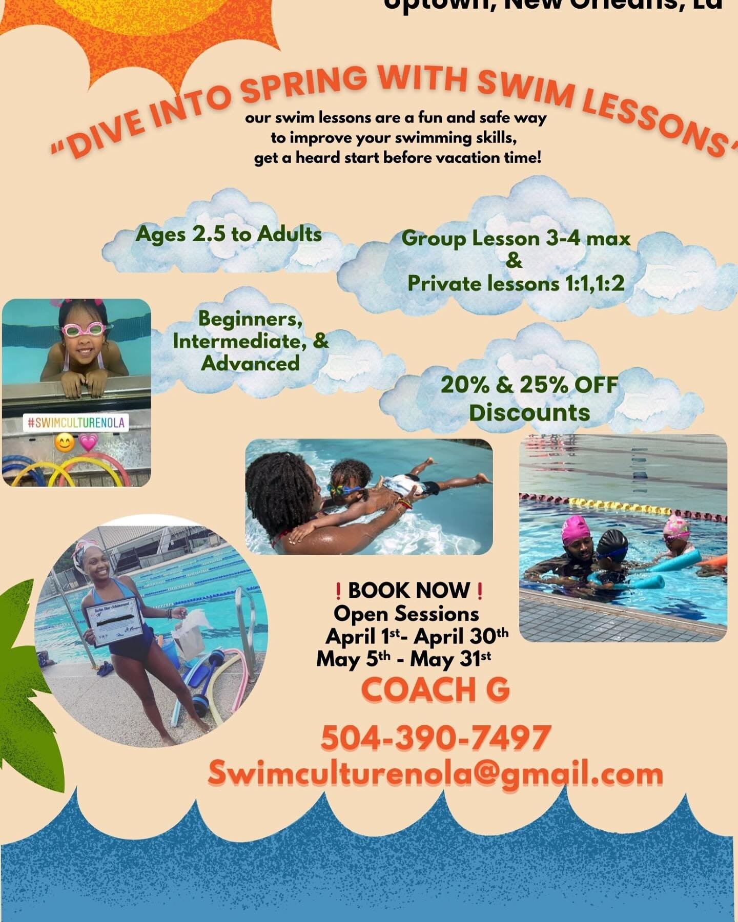 ⚜️💦Swim Lessons in the Uptown #NewOrleans area.
Book with us #Swimculturenola
💦⚜️❤️
We’re driven and passionate about bringing more awareness to the city about water safety and strong in the water.
Booking now April & May up to 25% O