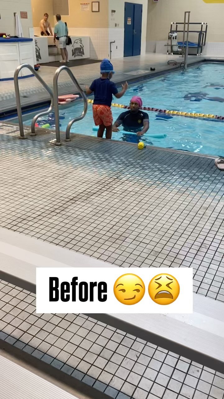One of my little swimmers I’ve been working with since the beginning at 3yrs old, nervous, & timid about the water.
Before- You see he was grabbing onto the ladder, a little hesitant about going for it, & came up with some water up hi