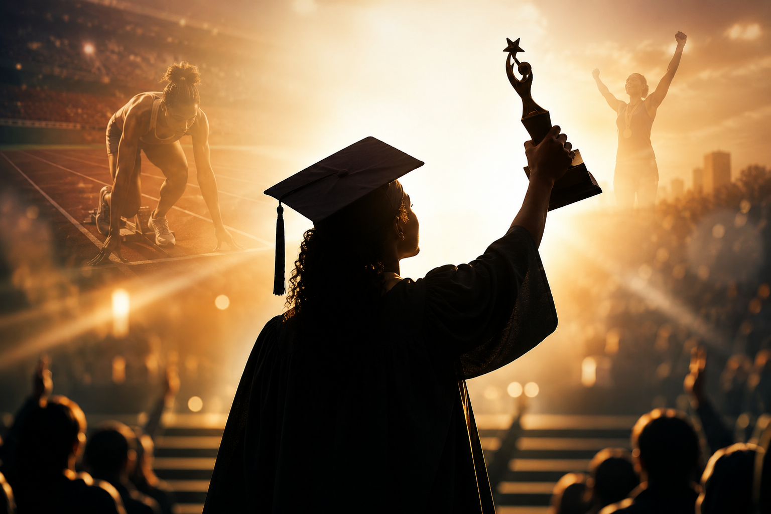 A graduate wearing a black cap and gown holding a trophy in front of a sunset, with a woman celebrating in the background, and an athlete on a track in the upper left corner.