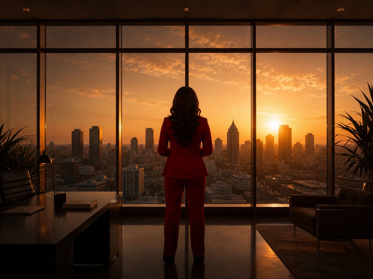 A woman in a red suit standing in an office, looking out a glass window at a city skyline during sunset.
