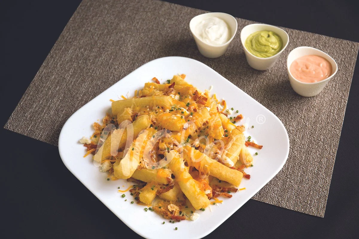 Loaded yuca fries with dipping sauces