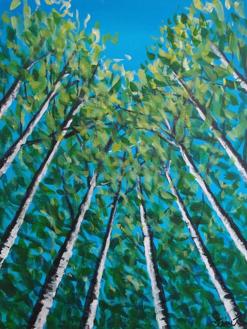 Artistic painting of tall trees with green leaves against a bright blue sky, viewed from the ground looking up.