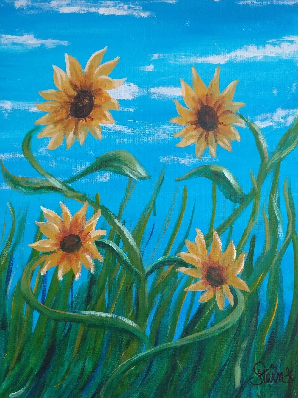 Painting of four sunflowers with long stems and leaves against a bright blue sky with clouds.