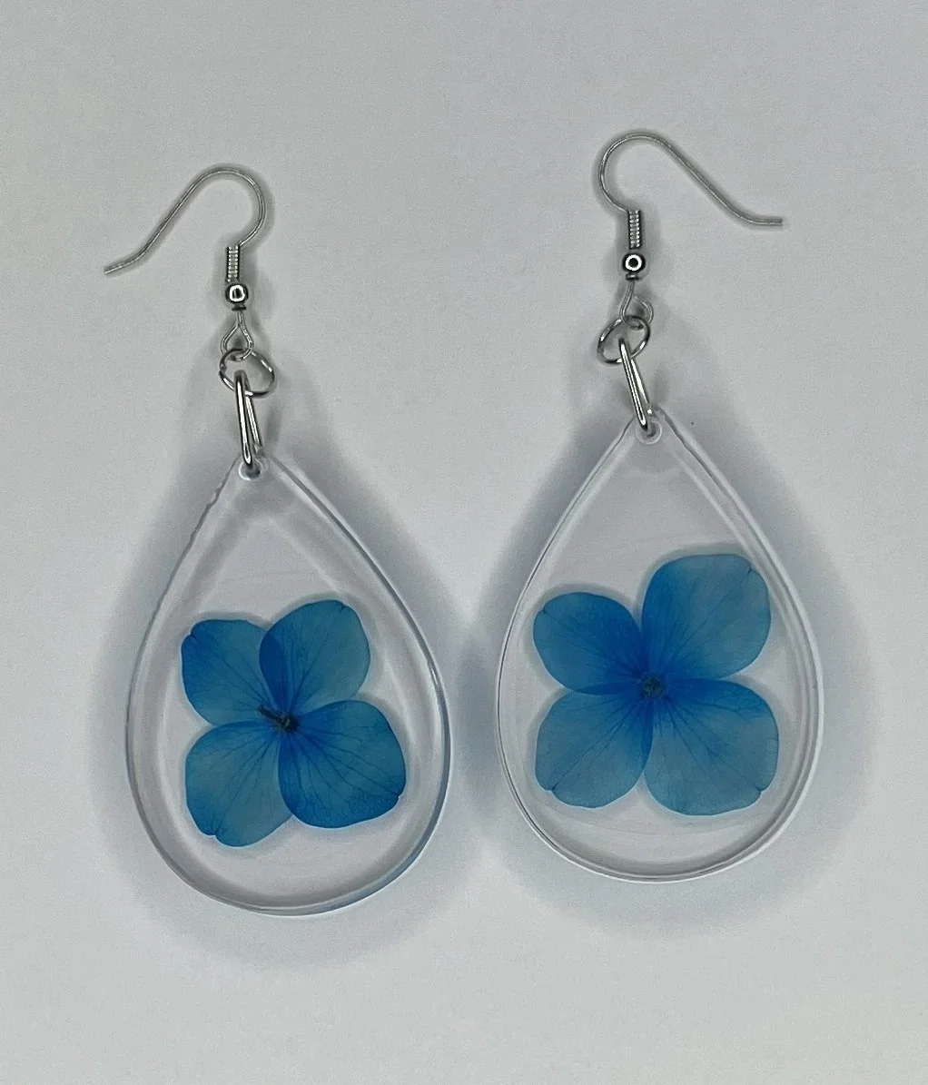 Teardrop Shaped Baby Blue Hydrangea Dangle Earrings