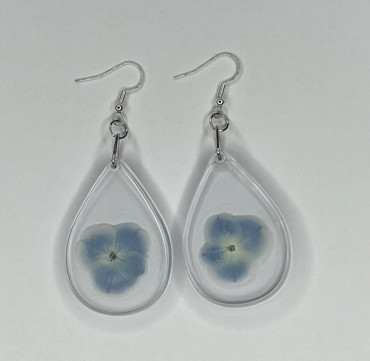 Teardrop Shaped Light Blue Hydrangea Dangle Earrings