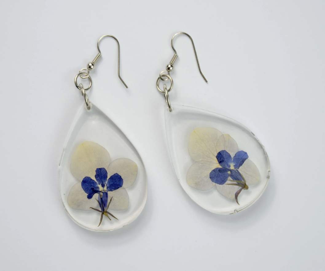 Teardrop Shaped White Clover and Blue Lobelia Dangle Earrings