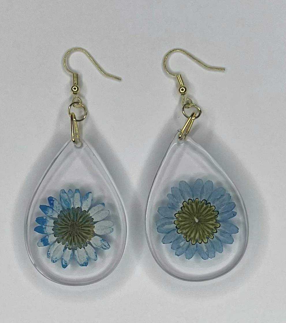 Teardrop Shaped Painted Blue Daisy Flower Earrings