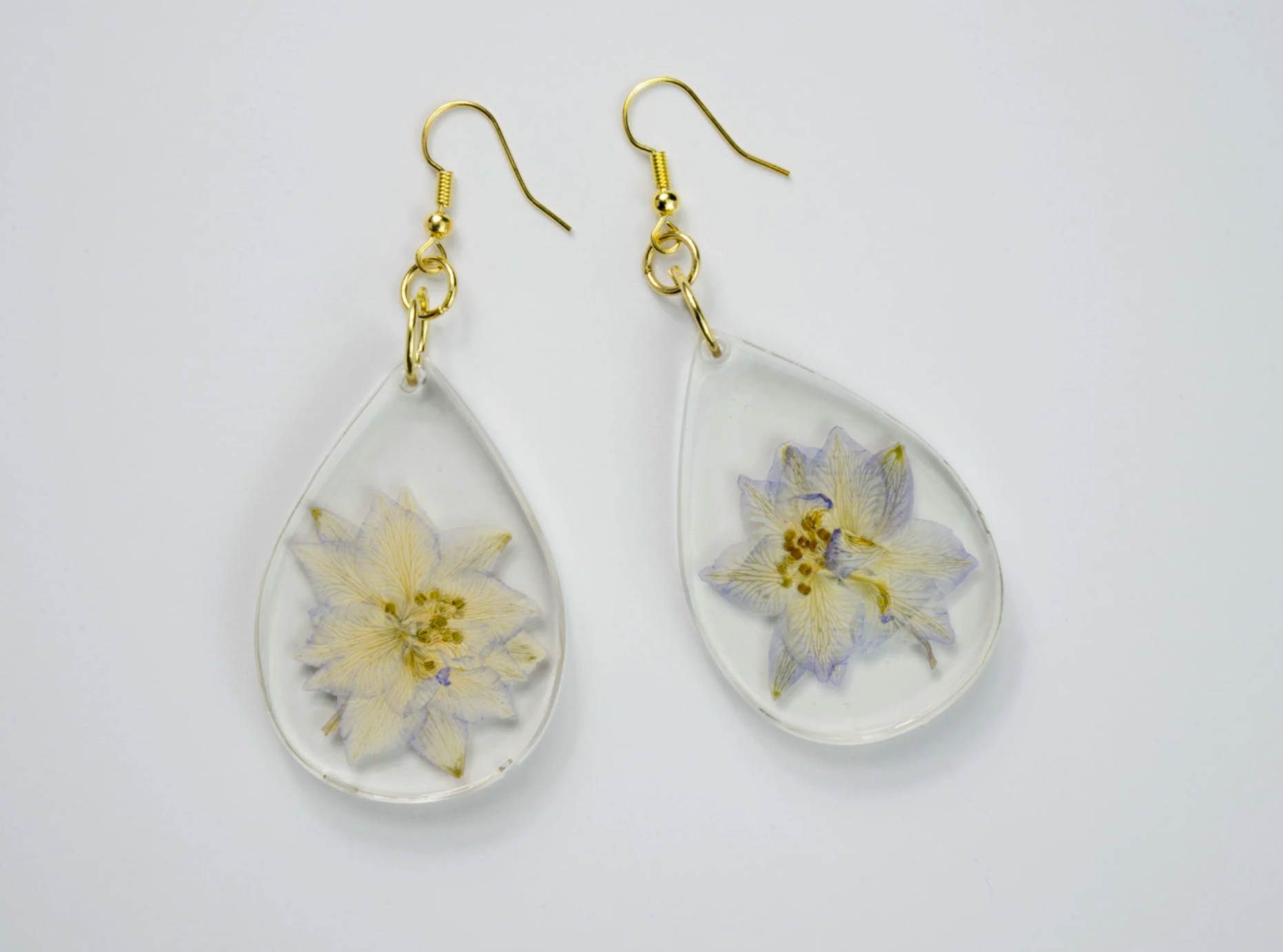 Teardrop Shaped Light Blue Delphinium Flower Dangle Earrings